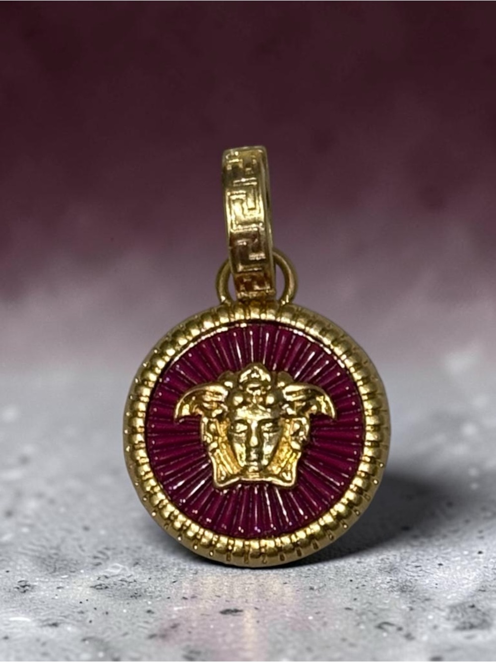 Upcycled Stamped Gold and Burgundy Medusa Pendant Charm